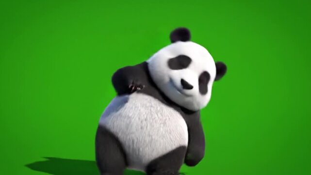 Animated panda bear waving hello on green screen background
