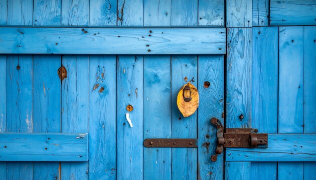 Close up of a weathered blue wooden door with rusty hardware details