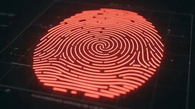 Close-up of a digital fingerprint scanner displaying a red fingerprint pattern on a futuristic screen.