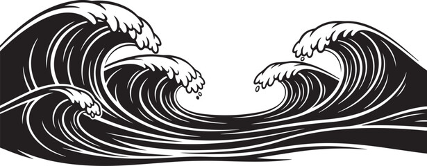 Fototapeta premium Black and White Illustration of Ocean Waves Crashing Horizontally