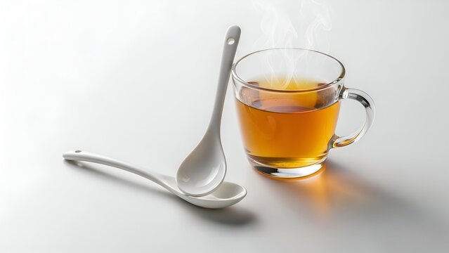 A clear cup of steaming barley tea served with a spoon on a plain surface from a high angle view