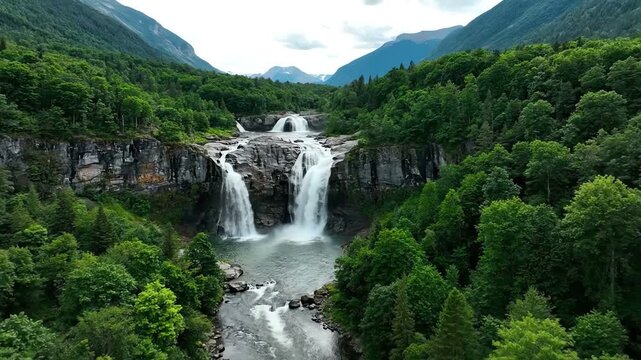 Picturesque aerial view of the majestic L&aring;tefossen Waterfall cascading down the cliffs in Norway, enveloped by verdant forests during a summer day.