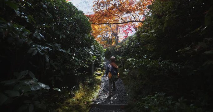Boy with backpack walking down narrow, gravel path with surrounding bushes and autumn trees above - slow motion
