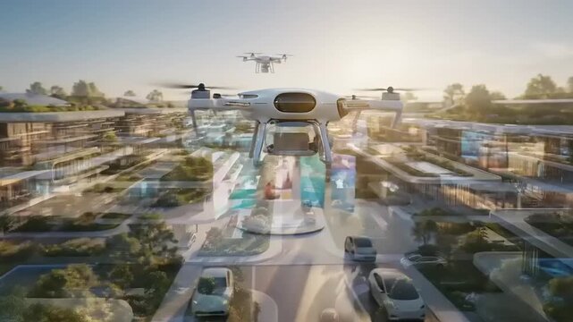 Aerial view of futuristic transportation hub with flying cars and drones navigating through urban landscape in a cityscape at sunrise as seen from above