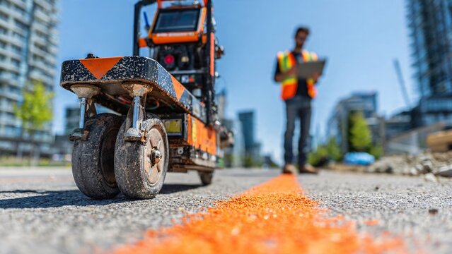 Surveyor Using Ground Penetrating Radar Cart on Site | Subsurface Mapping & Construction Background | Urban Development Stock Photo