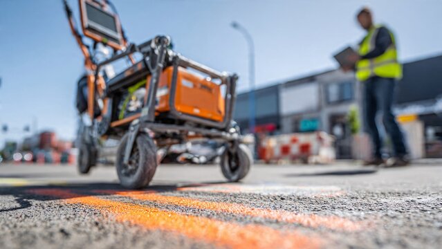 Surveyor Using Ground Penetrating Radar Cart on Site | Subsurface Mapping & Construction Background | Urban Development Stock Photo