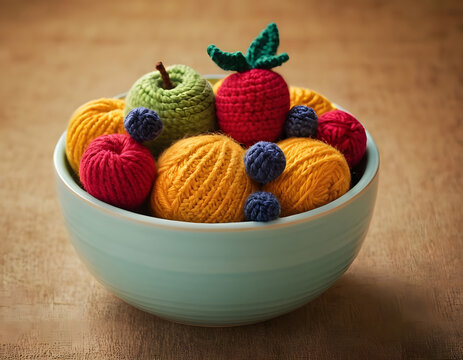A bowl of crochet fruit made out of yarn, with a beautiful background&mdash;knitting wool and knitting needles.