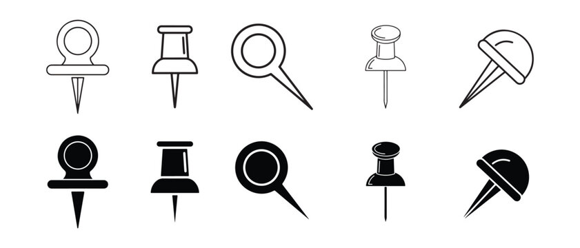 Set of black and white push pin icons for graphic design  various styles and shapes