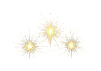 Obraz premium three distinct golden yellow abstract light bursts with ethereal radiating lines and delicate shimmering sparkles, emanating from a white surface against a transparent background. festive celebration