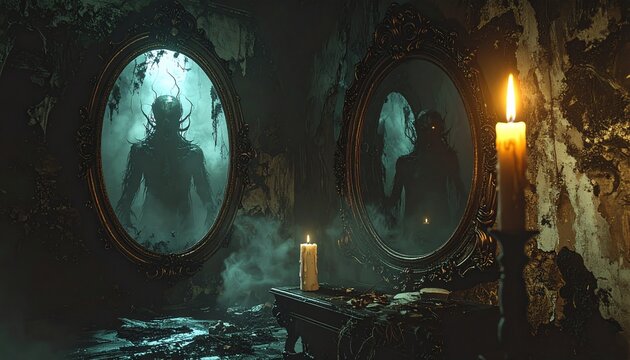 A eerie creature emerges from old mirrors with dim candlelight in a dark room.