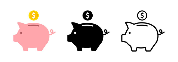 Fototapeta premium Piggy bank icons with dollar coin