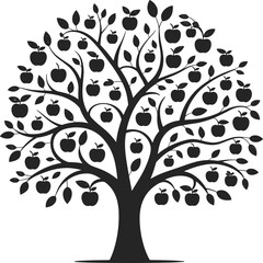 Fototapeta premium Apple tree silhouette filled with ripe fruits and leaves, elegant black vector illustration isolated on white background for nature design