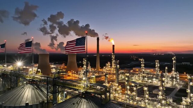 Vast industrial energy refinery with illuminated structures and towering smokestacks under a vivid twilight sky, proudly displaying American flags
