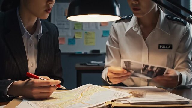 Detectives examining crime scene photos and map for investigation
