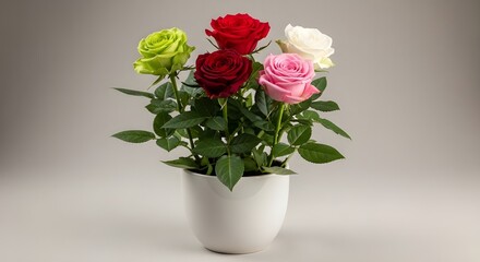 Naklejka premium Miniature rose plant with five colorful blooms: red, pink, white, and two green roses in a white ceramic pot, isolated on white