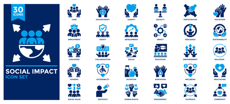 Social Impact icon collection. Contains icons for social, healthcare, education, community, care, philanthropy, impact, wellbeing, livelihood, empowerment. Flat vector illustration.
