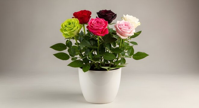Miniature potted rose plant with multiple colored blooms: red, pink, lime green, black, and white, isolated on white
