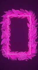 Vibrant tropical foliage surrounds a glowing rectangular border against a deep purple background