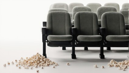 Obraz premium Empty movie theater seats with spilled popcorn on the floor.