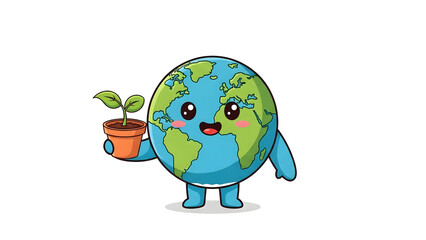 Obraz premium Cartoon Earth Character Holding Potted Plant 1.