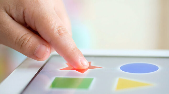 Young Finger Taps Star Shape on Educational Tablet