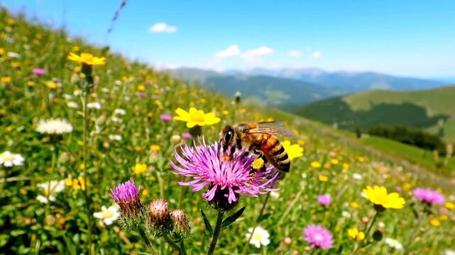 Honeybee pollinating wildflowers on a sunny mountain meadow, close-up