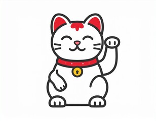 Fototapeta premium Charming White Maneki Neko Cat with Red Accents and Waving Paw, Symbol of Good Fortune.