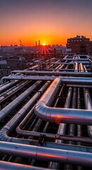 Industrial rooftop pipes reflect brilliant orange sunset light over an urban skyline
