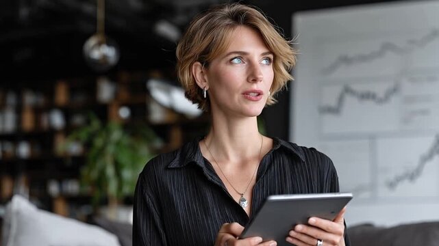  A focused and determined businesswoman gazes thoughtfully off-screen, a tablet in hand, embodying professionalism and contemplation within a modern work setting.