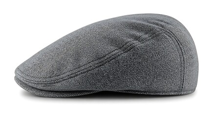 A gray felt hat on a white background viewed from the side with subtle shadowing