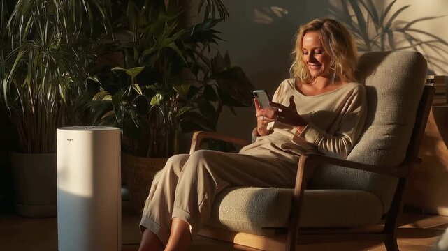 At home, a woman in an armchair uses a cell phone to control an air purifier.