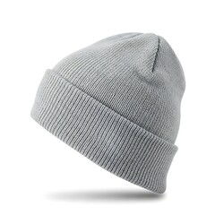 A gray beanie hat is showcased on a white background from a slightly elevated viewpoint.
