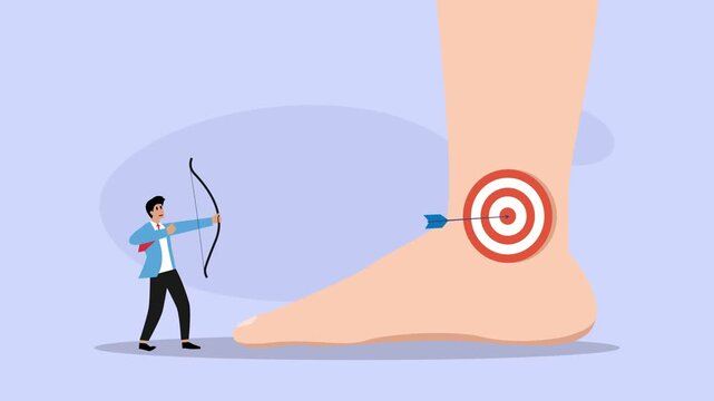 Achilles Heel Vulnerability Concept with Businessman Aiming Arrow at Ankle Target cartoon animation