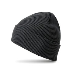 A black knitted beanie hat on a white background viewed from the side, showcasing its ribbed texture and folded cuff.