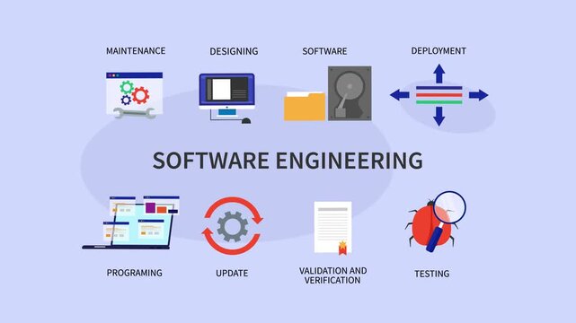 Modern Software Engineering Process with AI Integration and Cloud-Native SDLC Architecture cartoon animation