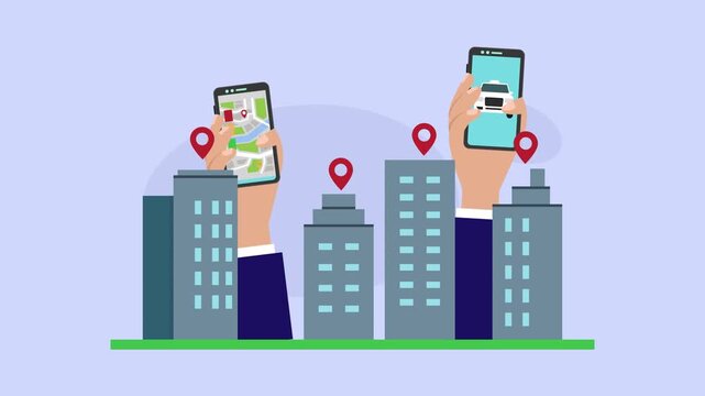 Mobile GPS Navigation and Ride Hailing App in Smart City cartoon animation