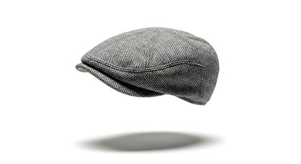 A grey newsboy cap floating in mid-air with a subtle shadow below it on a plain white surface from a slightly angled viewpoint