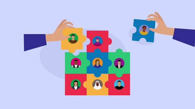 Diverse team connecting puzzle pieces for inclusive business strategy cartoon animation
