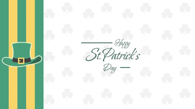 Happy St. Patrick's Day with clover leaf pattern background, Happy St. Patrick's Day greeting with lines and hat icon