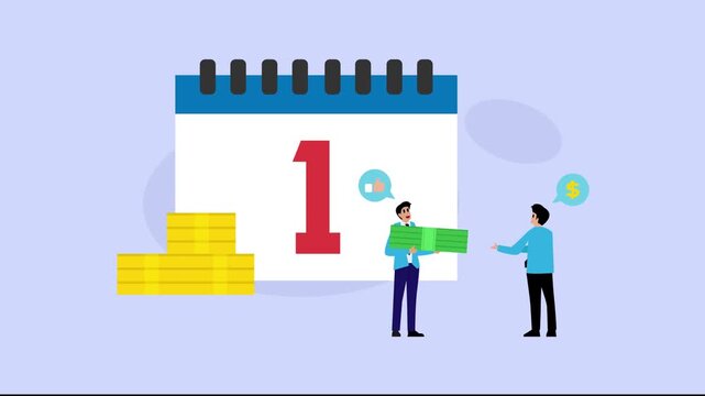 Business salary payday concept with calendar money and employees cartoon animation