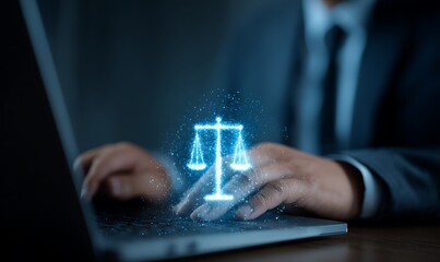 Legal advice business concept, lawyer consulting on business rules labor law and corporate regulations represented by attorney at law using virtual screen icons of justice law and policy compliance