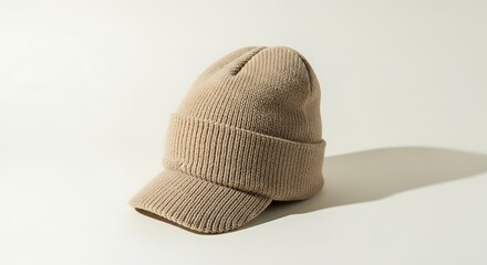 A beige knitted cap is placed on a surface, cast a shadow to the side, serene studio setting