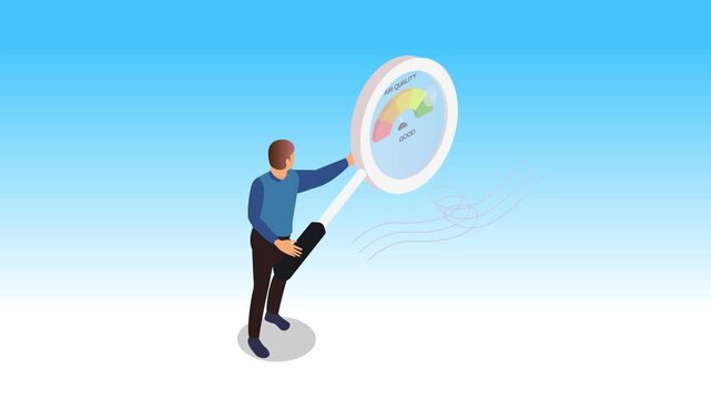 Man Monitoring Air Quality Index with Magnifying Glass 3d animation cartoon