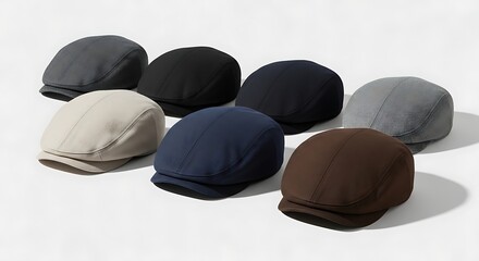 Assorted colored caps arranged in a circular pattern on a plain white surface, displayed from a high angle.