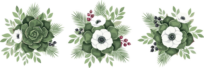 Greenery floral bouquet vector set with white anemone flowers succulents eucalyptus leaves and wedding botanical arrangements isolated on white background © Mostafijur
