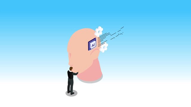 Artificial Intelligence Concept with Isometric Human Brain Enhancement and AI Microchip 3d animation cartoon