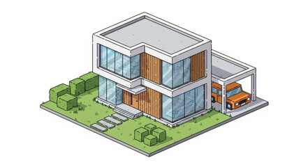 Modern Two Story House with Carport and Landscaping.