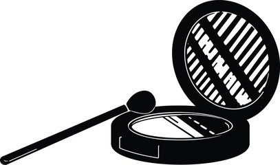 Collection of black and white vector illustrations featuring open makeup powder compacts with mirrors and various professional cosmetic applicators isolated on white background