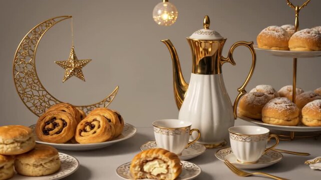 Festive Islamic Holiday Table Setting with Pastries and Tea.