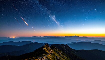 Meteor shower streaks across a starry night sky illuminating majestic mountain ranges at twilight, a breathtaking celestial spectacle.